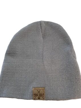 Neutral Gray Knit Beanie with Leather Logo Patch